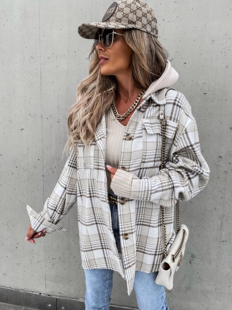 Flannel Plaid Button Hooded Shacket