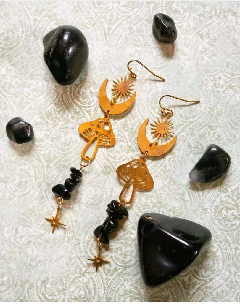 Fantasy Mushrooms & Natural Obsidian Earrings