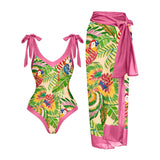 Tropical Parrot One Shoulder Ruffle One Piece Swimsuit and Sarong