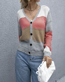 Colorblock Round Neck Button Knitted Cardigan Sweater