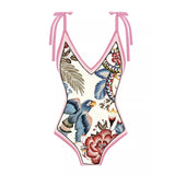 Parrot & Flowers One Shoulder Ruffle One Piece Swimsuit and Sarong