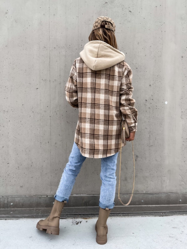 Flannel Plaid Button Hooded Shacket