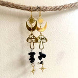 Fantasy Mushrooms & Natural Obsidian Earrings