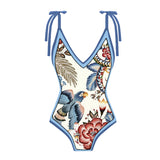 Parrot & Flowers One Shoulder Ruffle One Piece Swimsuit and Sarong