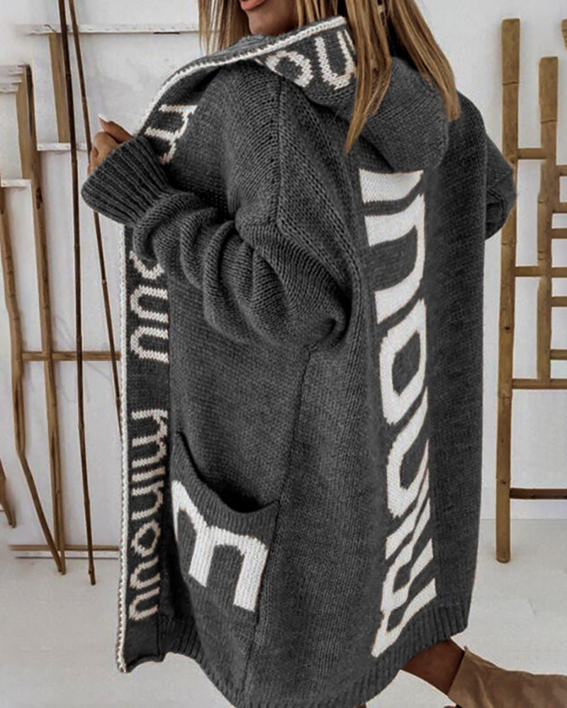 Letter Print Hooded Knitted Cardigan Sweater