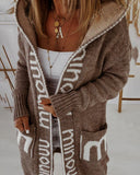 Letter Print Hooded Knitted Cardigan Sweater