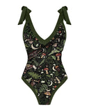 Mushrooms Forest Printed V-Neck One Piece and Sarong