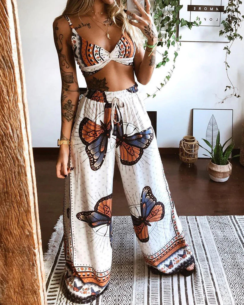 White Butterfly Elf Printed Two-Piece Pant Set