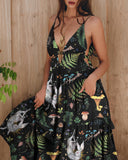 Mystic Rabbit Forest Fairyland Printed V-neck Maxi Dress