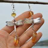 Nature Dragonfly Yellow Quartz Earrings