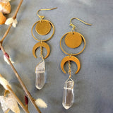 Golden Sun Moon Hexagonal Pillar Irregular White Crystal Earrings