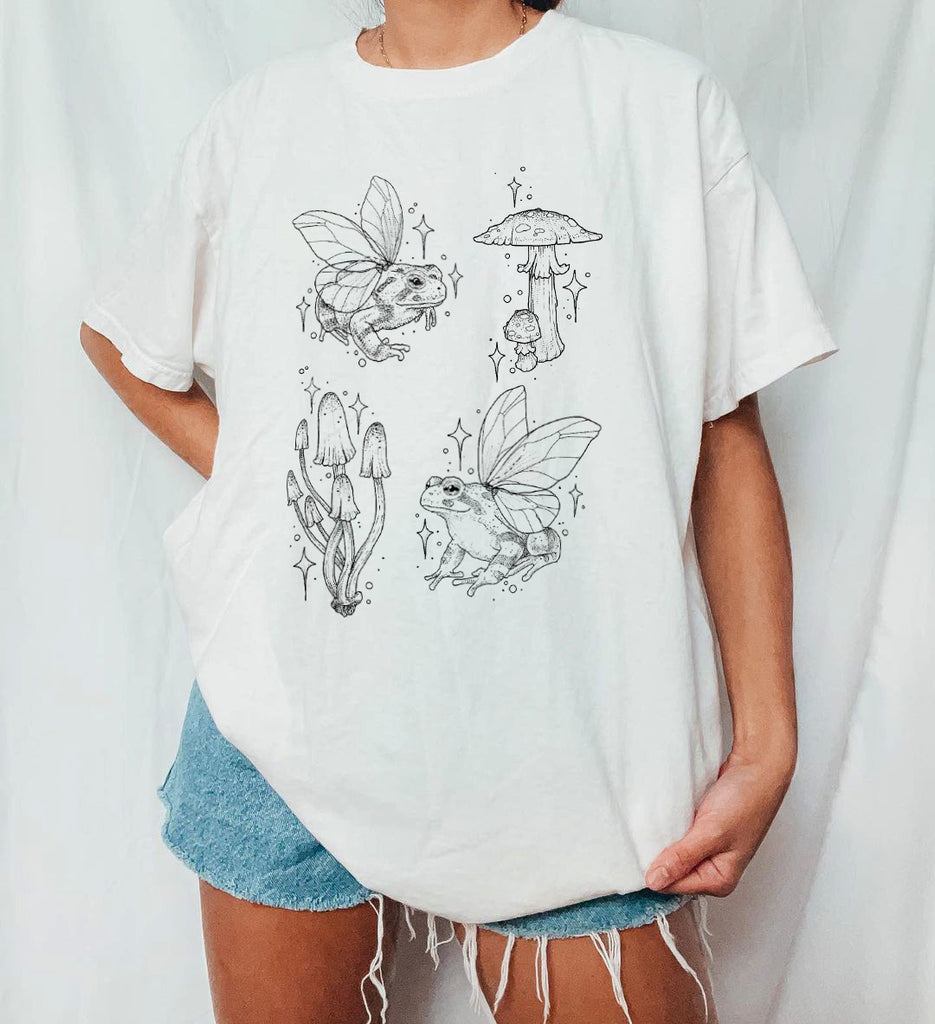 White Fairytale Frogs Mushroom Printed Casual Oversized T-Shirt