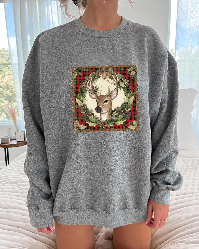 Christmas Elk Frame Printed Casual Sweatshirt