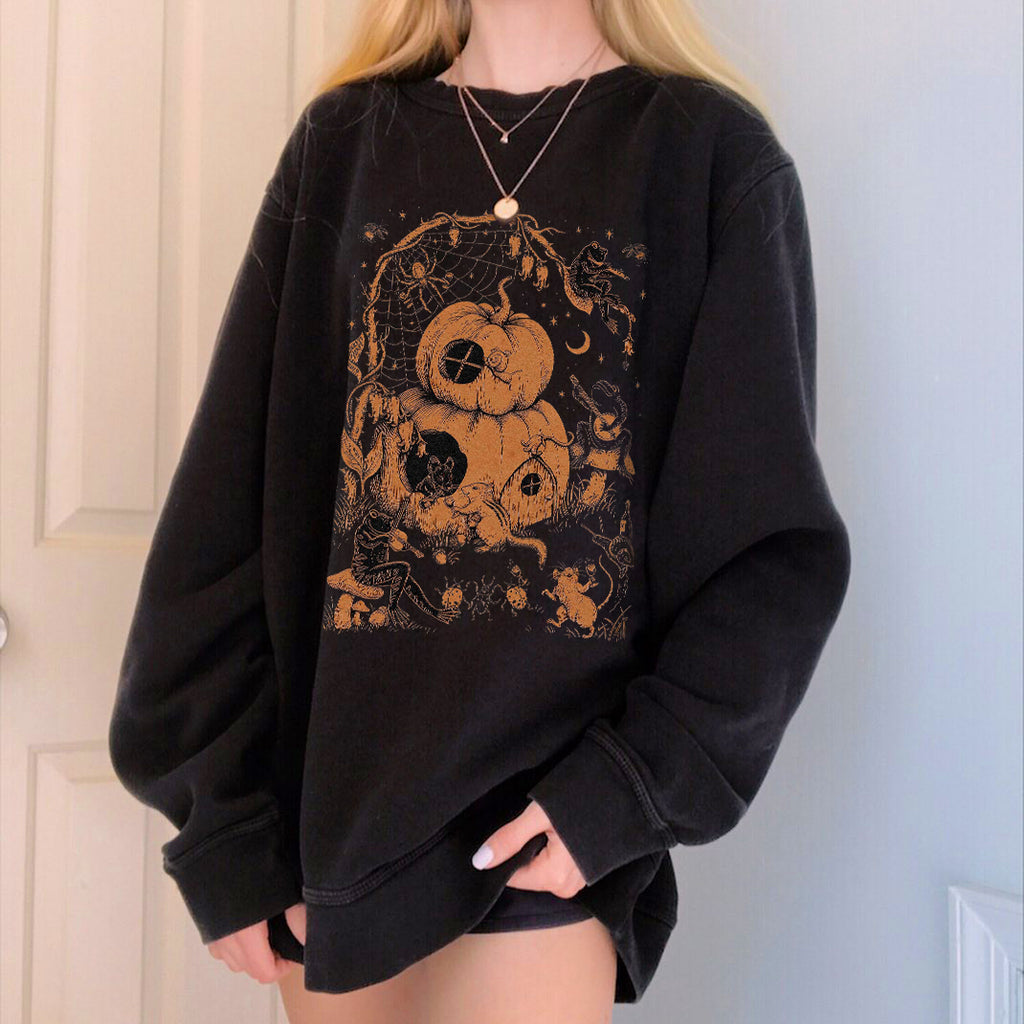 Halloween Cottage Pumpkin Paradise Printed Casual Sweatshirt