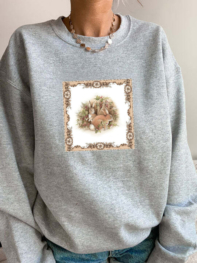 Christmas Rabbits Family Frame Printed Casual Sweatshirt