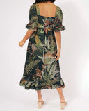 Tropical Forest Print Puff Sleeves Maxi Dress