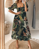 Tropical Forest Print Puff Sleeves Maxi Dress